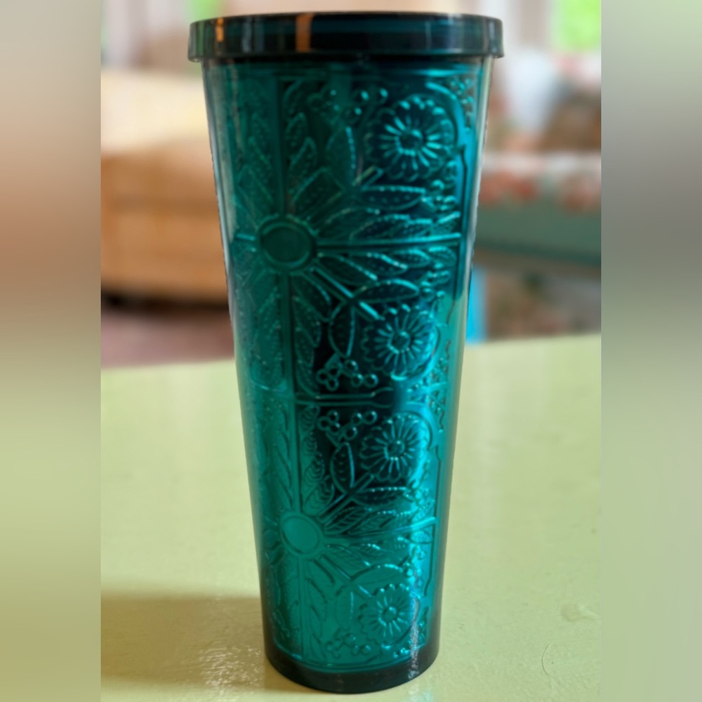 Starbucks 2017 Cold Cup 24oz Tumbler Embossed Tin Teal Floral